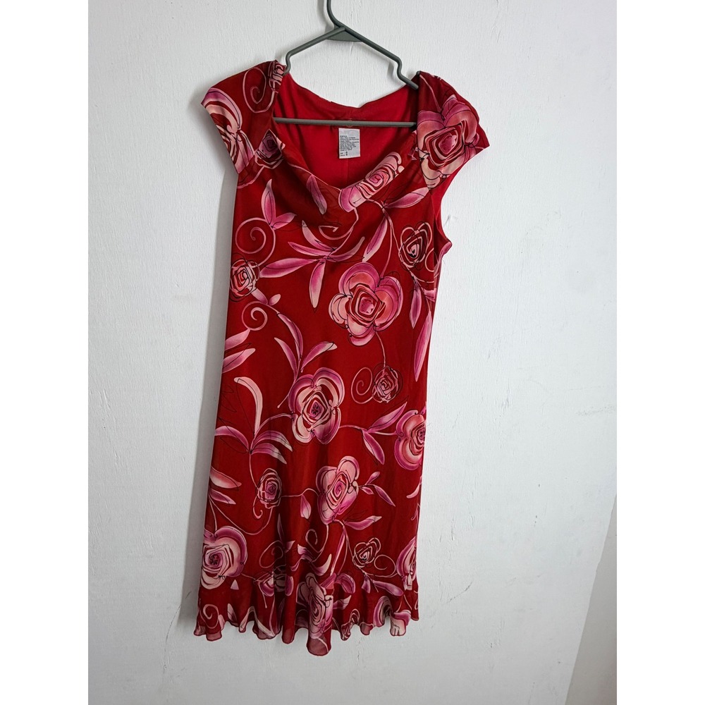 Sangria Red Pink Floral Cowl Neck Midi Dress Cap Sleeve Ruffle Hem Size 8